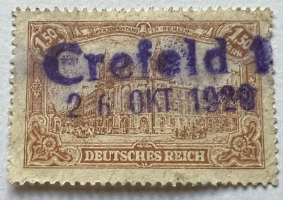 SELLO DE ALEMANIA DE 1920 CON CANCELACIÓN DE FANTASÍA #113 CON MATASELLOS KREFELD PÚRPURA ÚNICO Foto 1 de 2