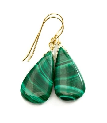 Pendientes de malaquita de oro de 14k natural liso a rayas verdes gota grande de ley 1,5 Foto 1 de 3