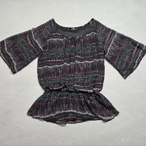 Wish Peplum Top Shirt Blouse Womens Large Black Tribal Stripe Sheer Ruffle - Picture 1 of 9