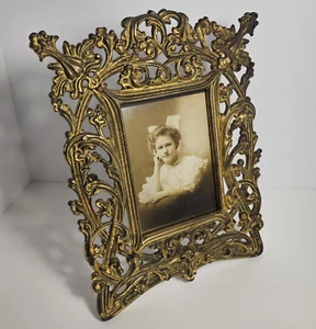 Antiker Gusseisen Messing Jugendstil großer Rahmen 4x6 Foto geprägte Markierungen - Bild 1 von 22