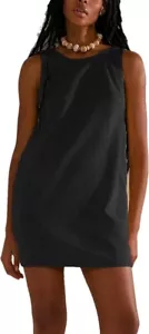 Womens Summer Crew Neck Sleeveless Casual Beach Sunshine Cotton Linen Mini Dress - Picture 1 of 12