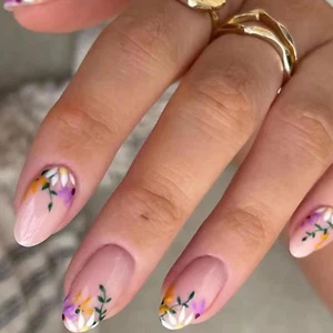 Spring French Tip Press on Nails Short Medium Almond Fake Nails with Purple - Picture 1 of 5