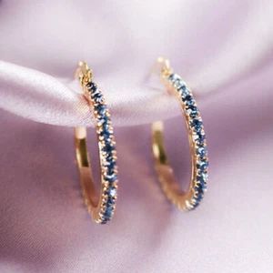 1.50Ct Created London Blue Topaz Pave Huggie Hoop Earring 14k Yellow Gold Finish - Picture 1 of 3