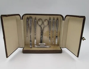 Antik Sterlingsilber Damen Maniküre Set & Holz Schreibtischbox 1930er Jahre Frankreich - Bild 1 von 9