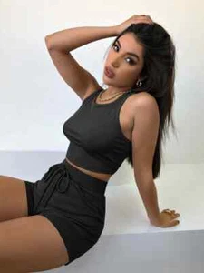 Lot of 5 Rib-Knit Crop Tank Top & Shorts Sets Black White Mocha Coral Army Green - Picture 1 of 17