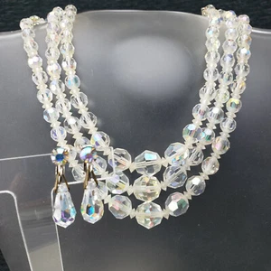 Vintage Aurora Graduated Crystal Triple Necklace Dangle Clip Earrings - Picture 1 of 4