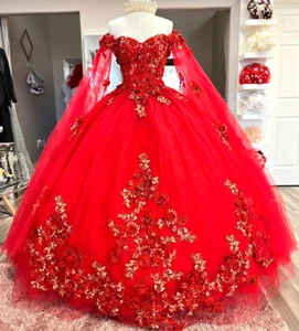 Red Quinceanera Dresses With Cape 3D Flowers Sweet 15 16 Pageant Prom Ball Gown - Picture 1 of 9