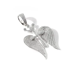 Angle Wings Cross Hip Hop Pendant With 2.05 CT Simulated Sapphire In 935 Silver - Picture 1 of 6
