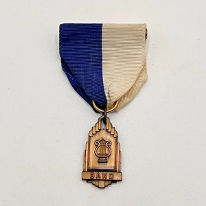 Vintage Band Medaille Auszeichnung Pinback auf blau weißem Band Leier bronzefarbenes Finish - Bild 1 von 9