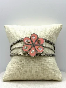 Vintage Alpaca Mexico Silver Abalone Shell Inlay Pink Flower Open Cuff Bracelet - Picture 1 of 19