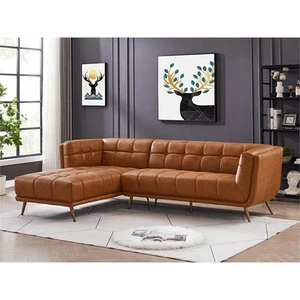 Allen Living Room Chesterfield Cognac Tan Leather Left Corner Sectional Couch - Picture 1 of 7