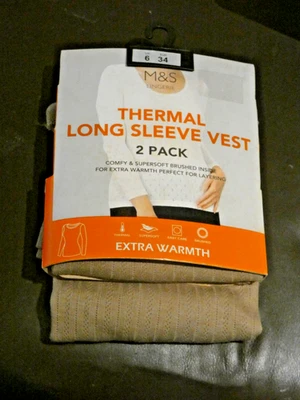 M&S MARKS AND SPENCER 2 PACK LADIES THERMAL LONG SLEEVE VESTS EXTRA WARM SIZE 6 - Image 1 of 2