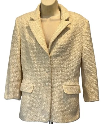 Chaqueta Blazer Tahari ASL Beige Crema Metálica Mezcla Lana Tweed Texturizada Talla 12 Foto 1 de 4