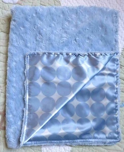Blue Fluffy Swirl Plush w Polka Dot Satin Backing Baby Boy Blanket VGUC  - Picture 1 of 2