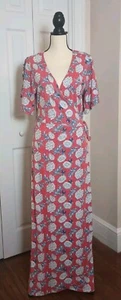 New Directions Women's Maxi Wrap Dress Sz L Floral Flutter Sleeve Orange Blue - Picture 1 of 12