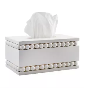 Beaded Tissue Box Cover, Rectangular White; Rustic Farmhouse Wood Tissue Holder - Picture 1 of 10