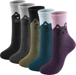 Wool Socks for Women, Warm One Size 5 Pairs Cat Pattern Gifts for Women New - Picture 1 of 11