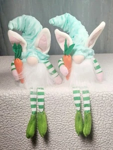 Long Legs Easter Gnomes Decorations 2 Pack Bunny Ears And Holding Carrots. - Picture 1 of 3