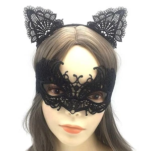 Lace Cat Ears Headband Set Halloween Fancy Dress Cat Woman Masquerade Mask Black - Picture 1 of 6