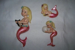 Vintage Lefton's Pink Mermaid Set 3 Old Ceramic Wall Group Blonde Hair - Picture 1 of 7