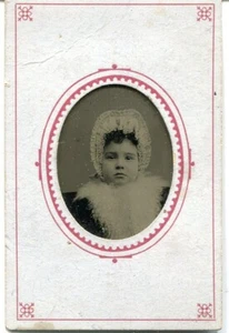 Antique Tintype of Girl w/ Bonnet & Fur Dress - Picture 1 of 1