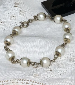 BRACCIALE ANNI 70 IN ARGENTO PL. ORO GIALLO E PERLE DI SINTESI LUNGO CM 19 - Foto 1 di 5