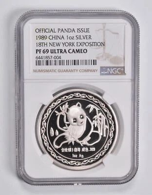 PF69 UCAM 1989 China 1 OZ Plata Expo de Nueva York Edición Oficial de Panamá NGC *3554 Foto 1 de 3