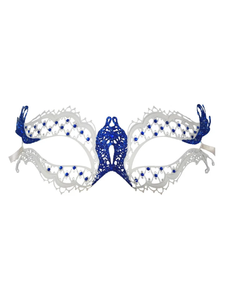 White Blue Crystal Glitter Gems Laser Cut Metal Filigree Mask Masquerade - Image 1 of 1