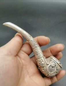 Chinese Old Tibetan Silver Carved Buddha Pipe