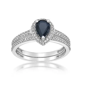 Oval Shape Blue Sapphire Halo Ring with Diamond in 10K White Gold - Size 7 - Picture 1 of 16