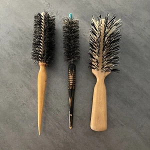 VTG Three Hair Round Brush And Flat Hairbrush Oak Wood Handles Boar Bristle - Picture 1 of 10