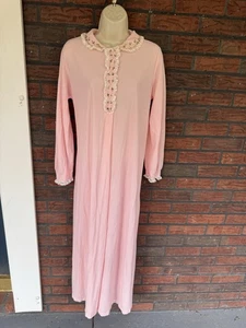 Vintage Pink Nightgown Large Leonora Long Sleeve Gown Embroidery Collar Buttons - Picture 1 of 13