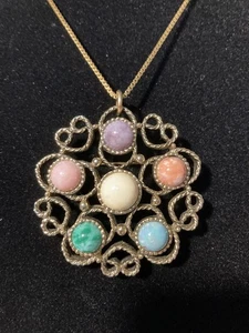 Vintage Signed Sarah Coventry Colorful Gold Tone Pendant/Brooch On 17 in Chain - Picture 1 of 8