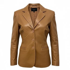 Theory Size M Medium Cognac Caramel Leather Jacket White Stitching R $995 - Picture 1 of 16