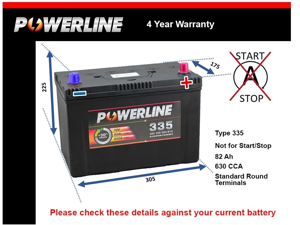 Battery fits TOYOTA RAV4 2.0D 2.2D 01 to 19 249 630A 82Ah 4Yr Warranty Powerline - Image 1 of 3
