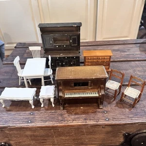 Vintage Doll House Furniture Music Box Piano Tables Chairs Cabinet Lot Of 11 - Picture 1 of 10