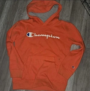Champion Orange Logo Printed Hoodie Unisex Kids Size Large - Picture 1 of 4