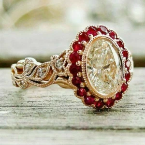 2.0 Ct Oval Cut Moissanite&Red Ruby Engagement Vintage Ring 14K Rose Gold Plated - Picture 1 of 10