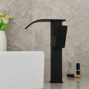 Black Waterfall Spout Bathroom Faucet Deck Mounted Single Handle Basin Mixer Tap - Picture 1 of 10