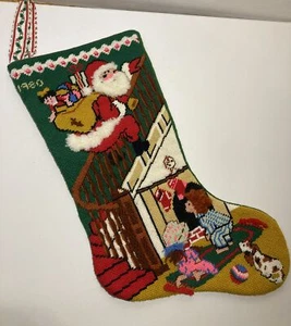 Bucilla Handmade Needlepoint Stocking *Completed* Santa Coming Down Bannister - Picture 1 of 14
