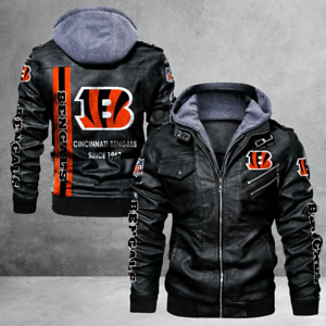 Cincinnati Bengals Bomber Leather Jacket Hooded Motorcycle Biker Winter Coat New