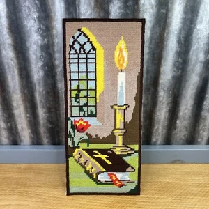 Vtg Completed Needlepoint Bible & Candle Religious Art Unframed 7.25x16.5" - Picture 1 of 7