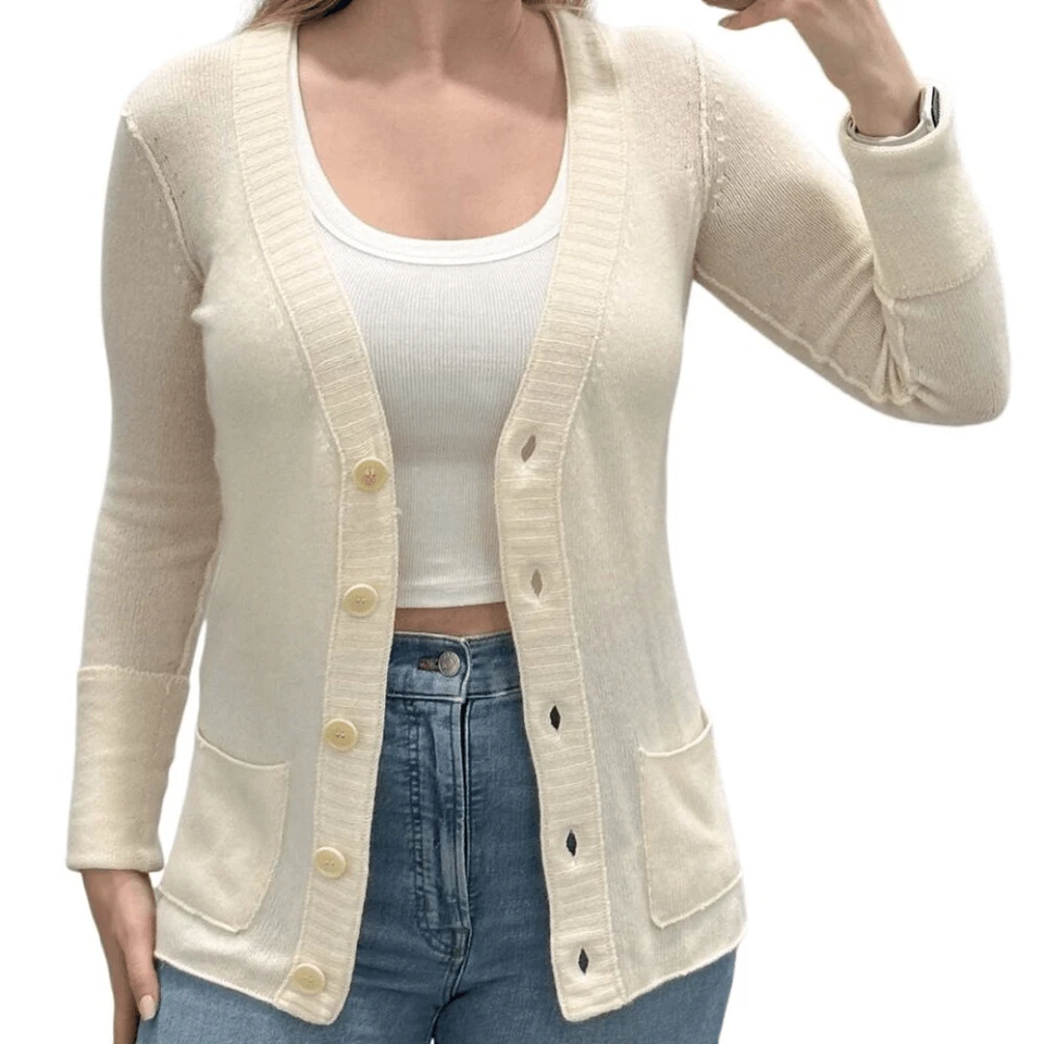 Cárdigan Top Inhabit Mezcla Cachemira Botón Delantero Cuello en V en Crema Para Mujer Talla M Foto 1 de 4