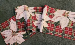 Beautiful tapestry table runner with white poinsettias, red green plaid, 70 inch - Picture 1 of 5