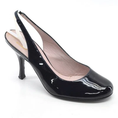 Ladies Delman $365 Slingback Pumps 7 M Black Patent Round Toe Slip On Heel Shoes - Image 1 of 4