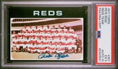 1971 Topps Pete Rose Signed Reds Team Baseball Card PSA 5 DNA Certified 10 Auto - Image 1 of 4