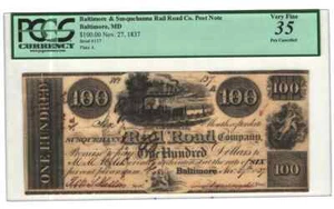 Billete obsoleto de 100 dólares de Susquehanna Rail Road Co. de Baltimore, MD VF35 PCGS NT878 - Imagen 1 de 2