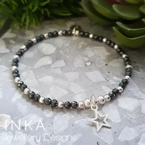 Inka 925 Sterling Silver & Hematite bead Stacking Bracelet with Star Charm - Picture 1 of 7