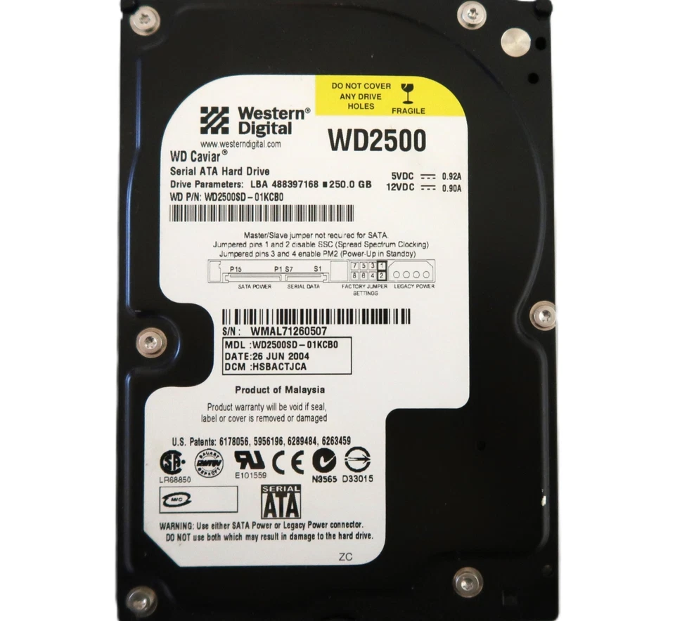WD WD2500SD-01KCB0 HSBACTJCA (WMAL) Malaysia 250gb 3.5" Sata HDD 26JUN2004 - Image 1 of 1