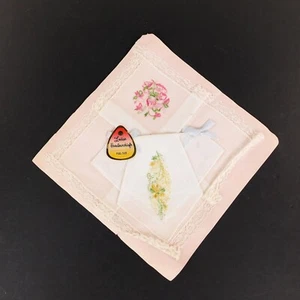 Vintage White Lot 2  Hankerchieves Green Yellow Floral Lace Trim Hankies Unused - Picture 1 of 7